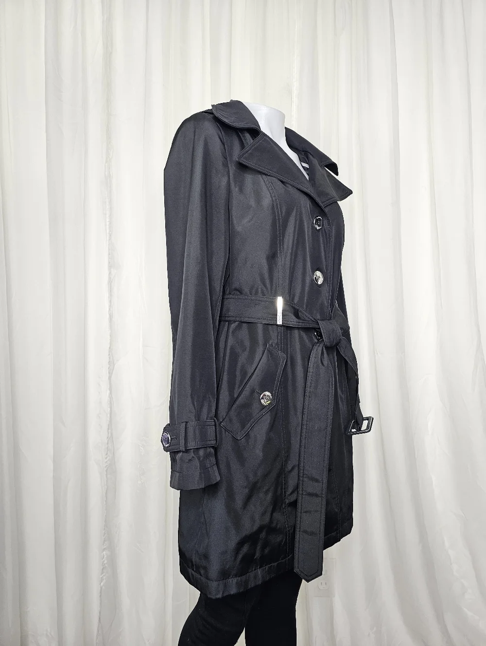 Calvin Klein Black Belted Hooded Lightweight Trench Coat Raincoat Medium - Picture 4 of 14